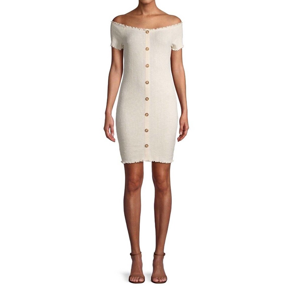NEW No Boundaries Juniors Cream Ribbed Knit Dress On/Off Shoulder Stretch Size M
